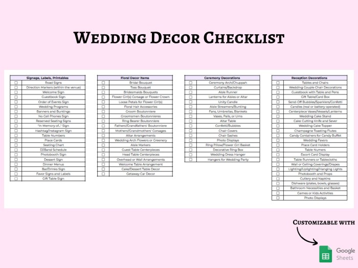 Wedding Decor Checklist